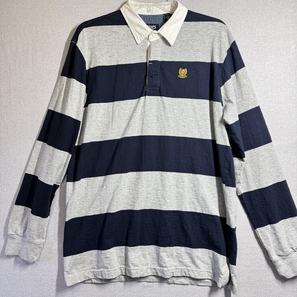 Chaps Polo Shirt Mens Large Navy Gray Stripe Rugby Long Sleeve Crest Logo Cotton